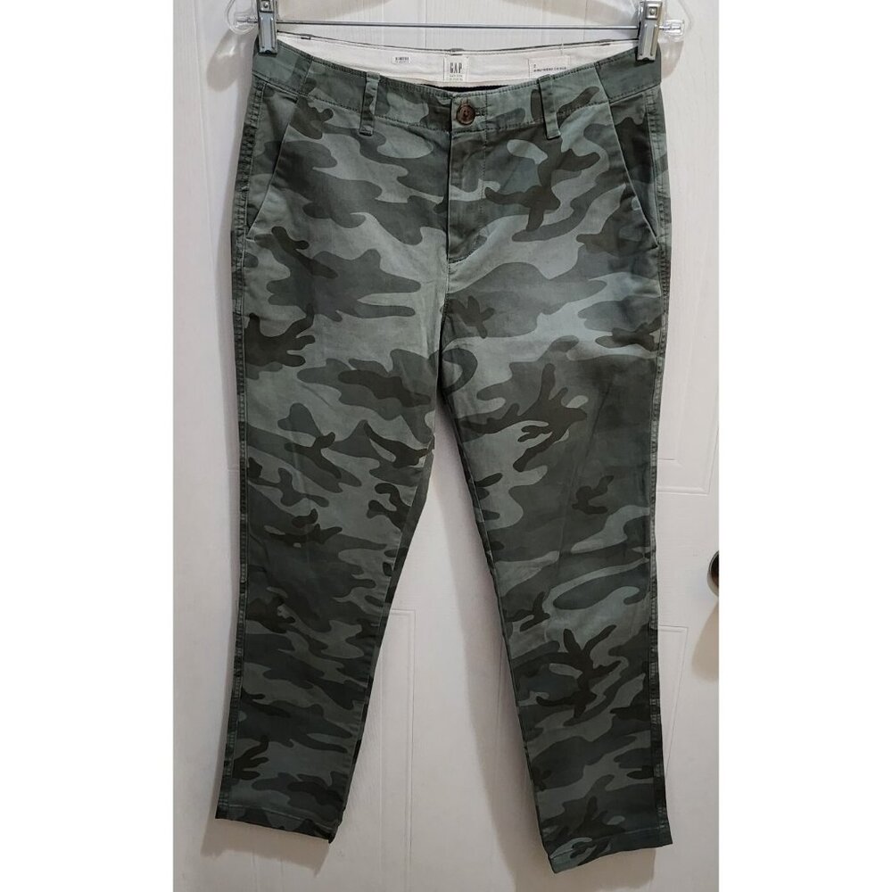 GAP Women's Girlfriend Chinos Pants Green Camo High Rise Straight Stretch Size 2